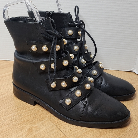 Zara Pearl Stud Black Round Toe Boots Soze EU 39 - Picture 1 of 16